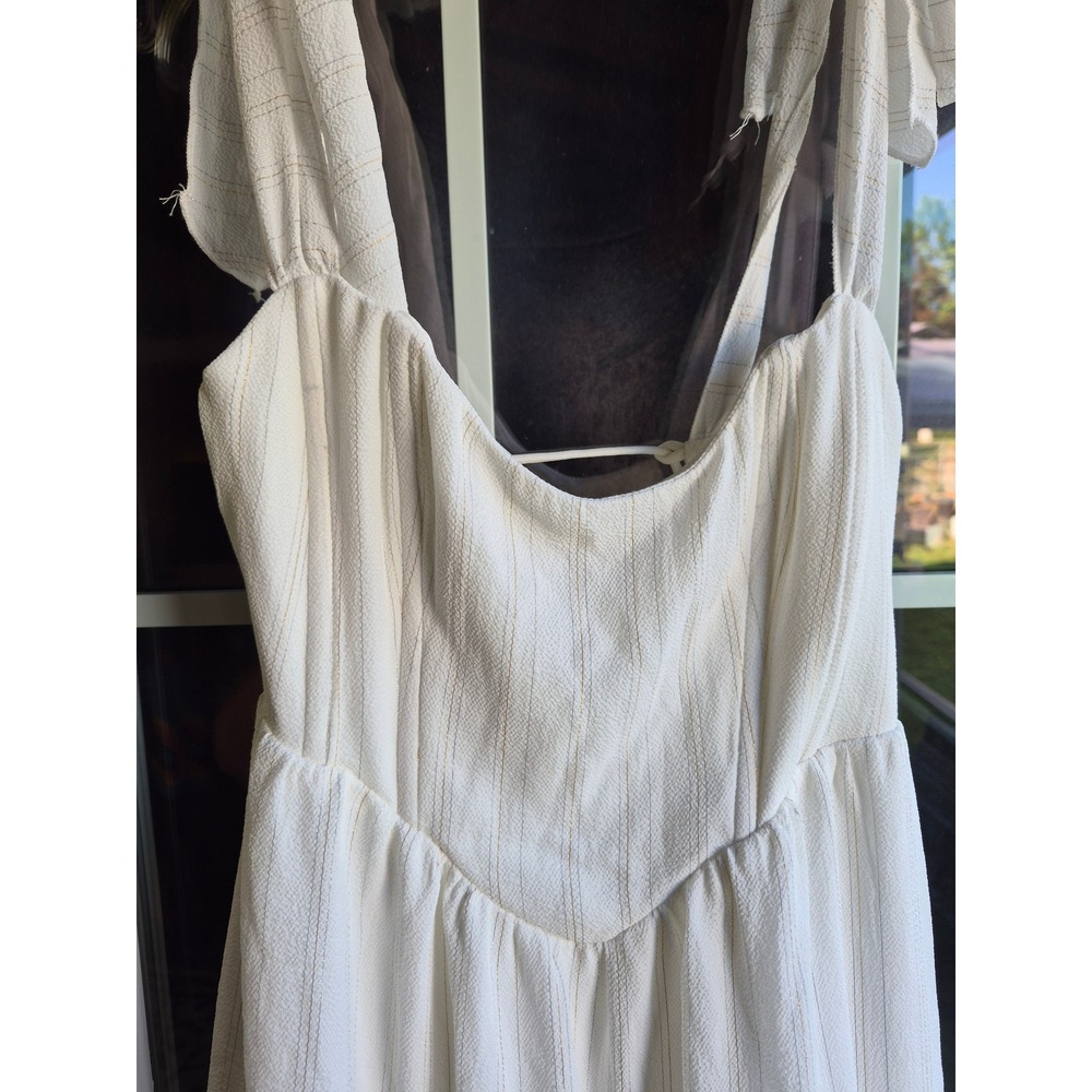White Gold Pinstripe Ruffle Mini Dress Corset Lace Up Back Tie Strap Womens S - Picture 4 of 16